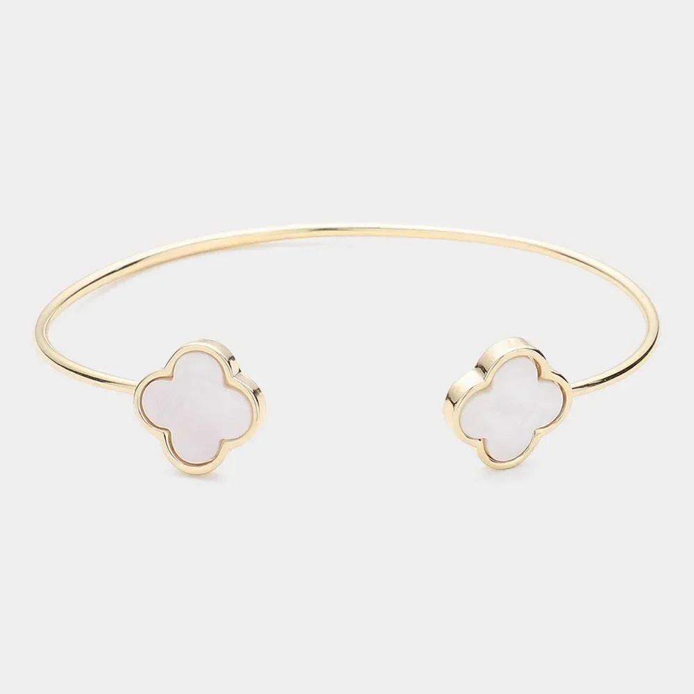 Brand New Boutique Mother Of Pearl Quatrefoil Tip Open Cuff Bracelet in Gold